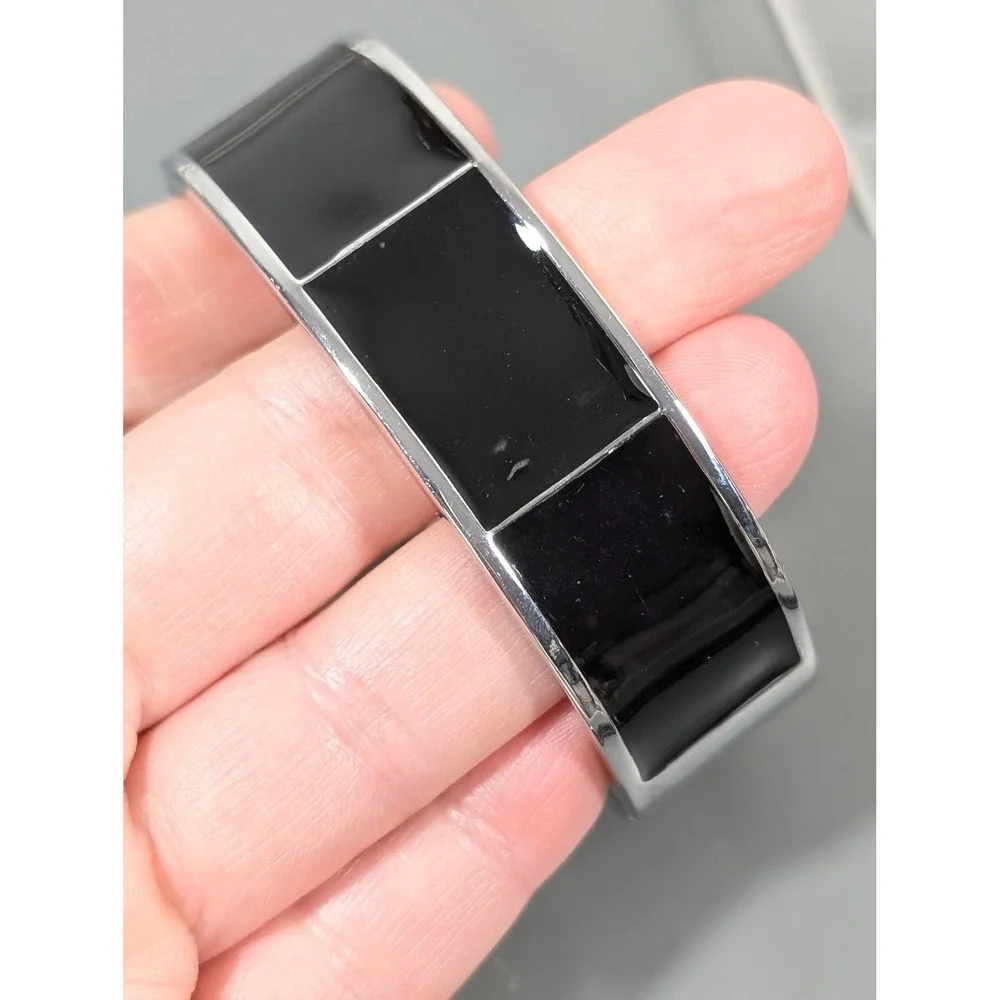 Chico's Black Enamel Watch Silver Tone Hinged Bangle Cuff Statement Working 6.5